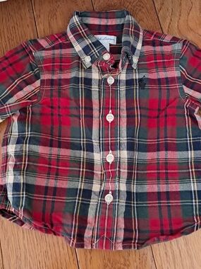Polo Ralph Lauren‎ Baby Red Green Plaid Flannel Button Down Shirt Long Sleeve 3M